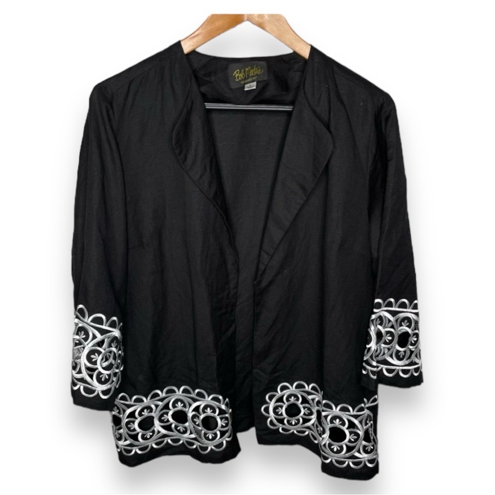 Bob Mackie Wearable Art Black Embroidered Floral Linen Blend Shirt Blazer